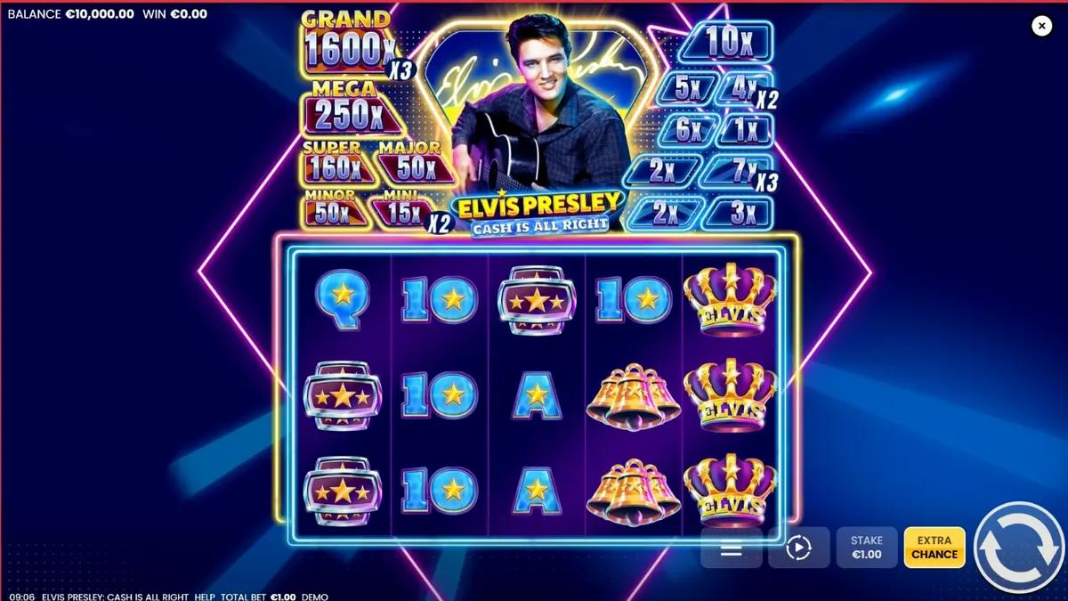 Tampilan antarmuka slot Elvis Presley: Cash is All Right pada layar smartphone
