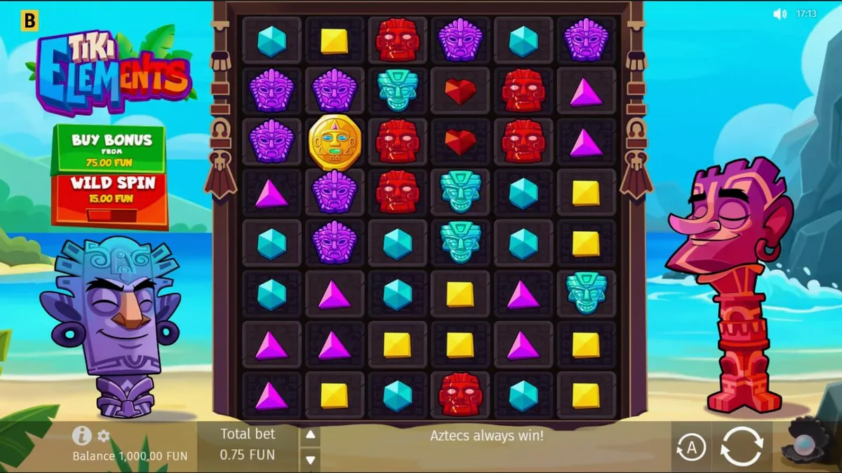 Tampilan layar permainan slot Tiki Elements dengan tema tropis dan simbol topeng Tiki berwarna-warni.