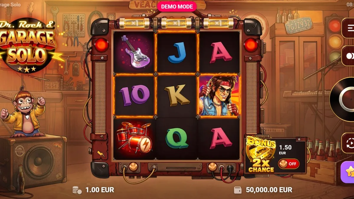Dr. Rock & Garage Solo slot machine interface featuring rock music theme