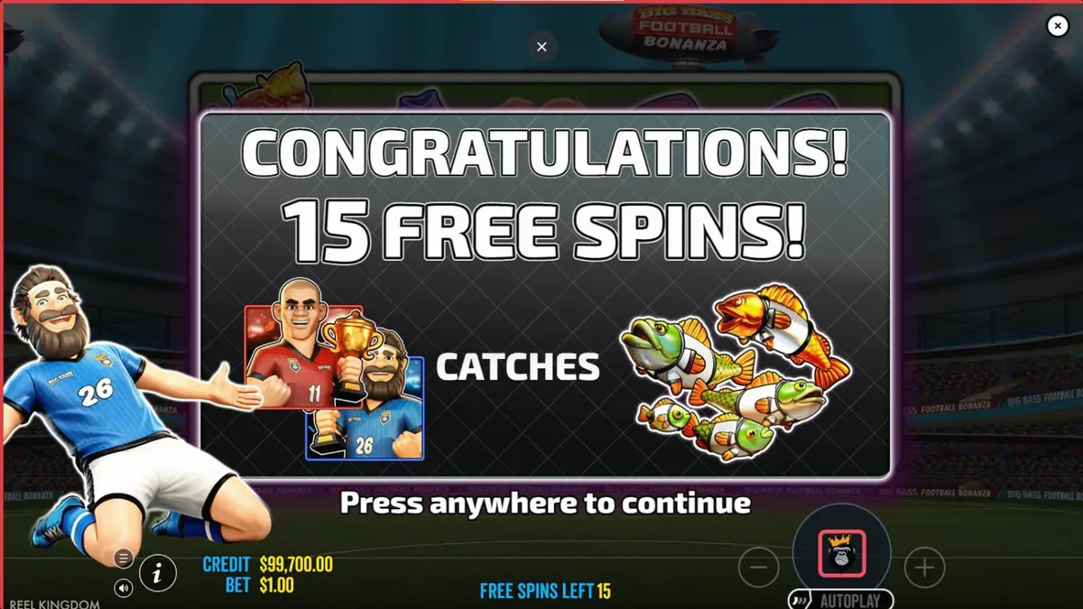 Tampilan visual slot Big Bass Football Bonanza dengan tema stadion dan ikan berbaju bola